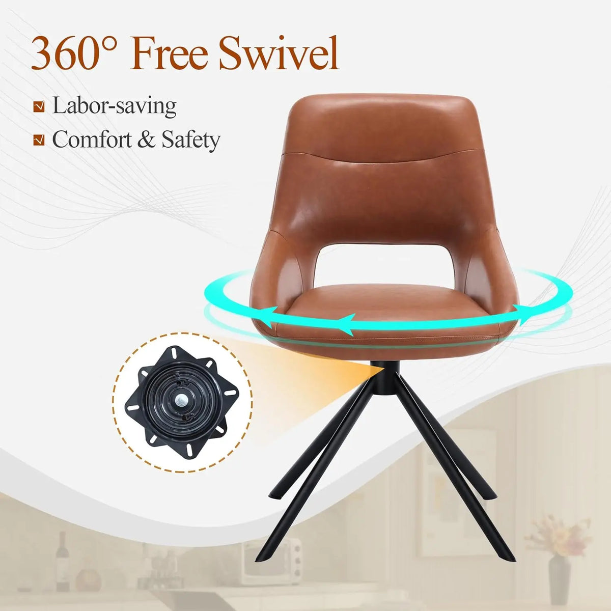Ellington Collection | Sculptural Leather-Wrapped Swivel in Cognac Faux Leather - showcasing full sculptural form and curated finish in a Mid-Century Modern living room setting.