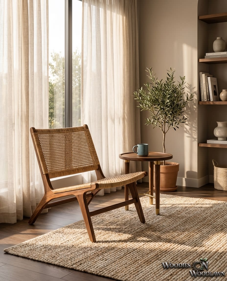 Belmont Collection | Sculptural Rattan-Woven Woven Rattan Accent Chair - showcasing full sculptural form and material finish in a Mid-Century Modern living room setting.