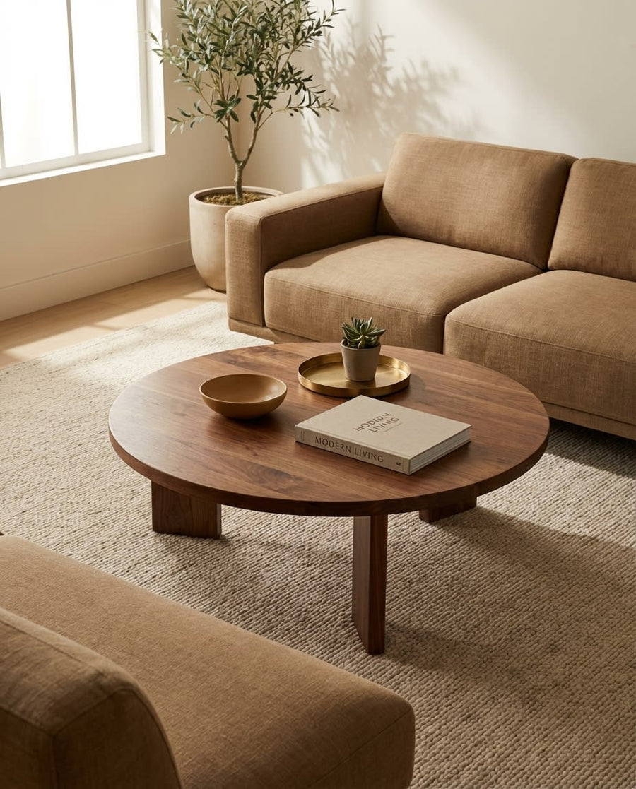 Ellington Collection | Geometric Atomic-Era Walnut Coffee Table - showcasing full sculptural form and material finish in a Mid-Century Modern living room setting.