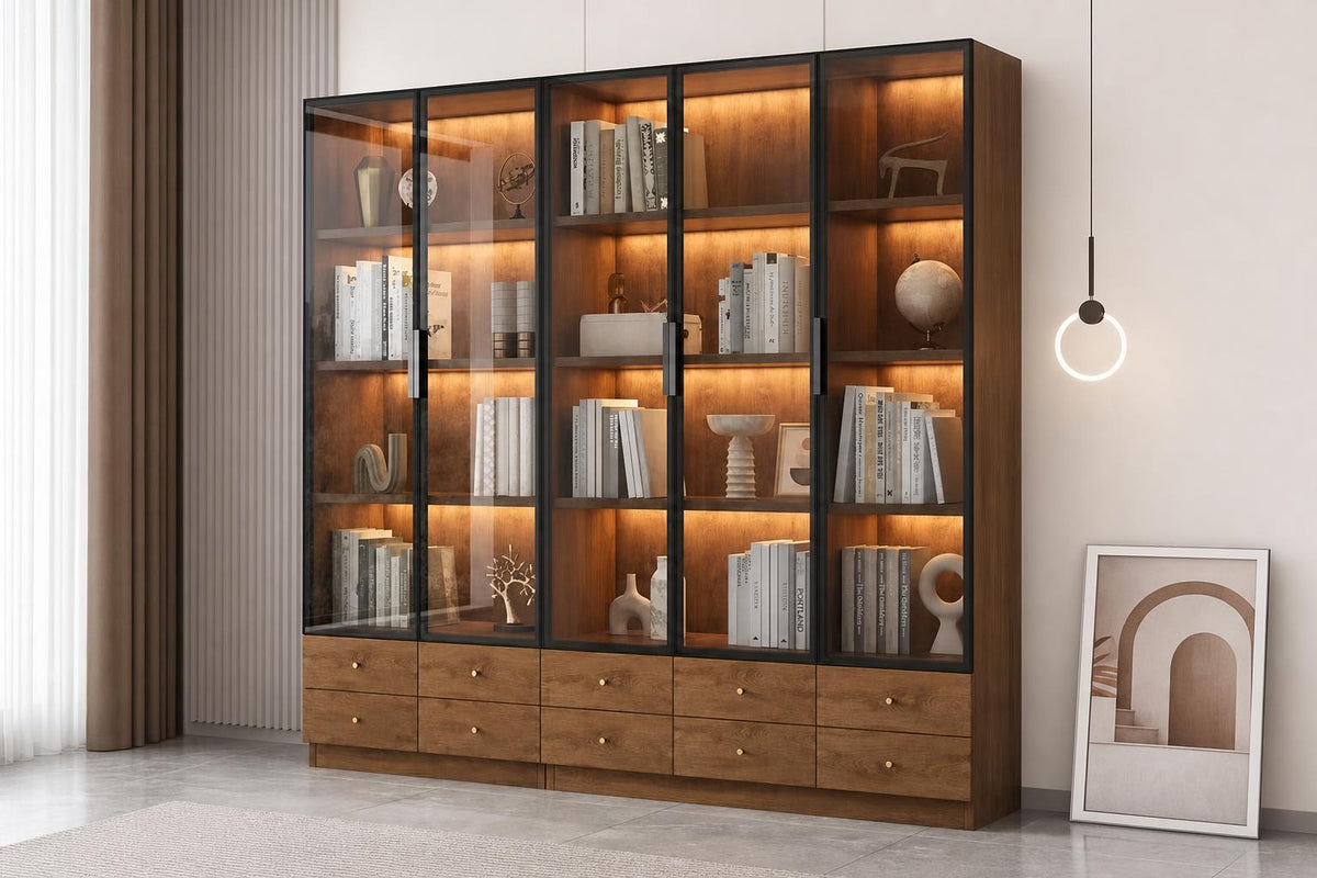 Belmont Collection | Sculptural Atomic-Era Walnut Floating Bookcase - showcasing full sculptural form and material finish in a Mid-Century Modern home office setting.