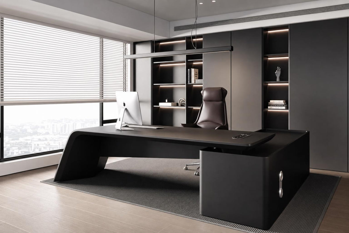 Executive Collection | Geometric Brass-Accented Ebony & Brass Desk - showcasing full sculptural form and material finish in a Mid-Century Modern home office setting.