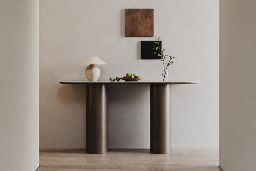 Fontaine Collection | Entryway Walnut Console - showcasing full sculptural form and material finish in a Mid-Century Modern entryway setting.