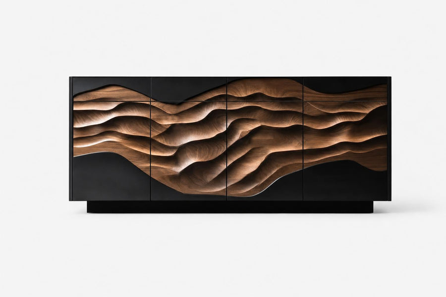 Dresden Collection | Angular Brass-Accented Walnut Corner Cabinet - showcasing full sculptural form and material finish in a Mid-Century Modern living room setting.