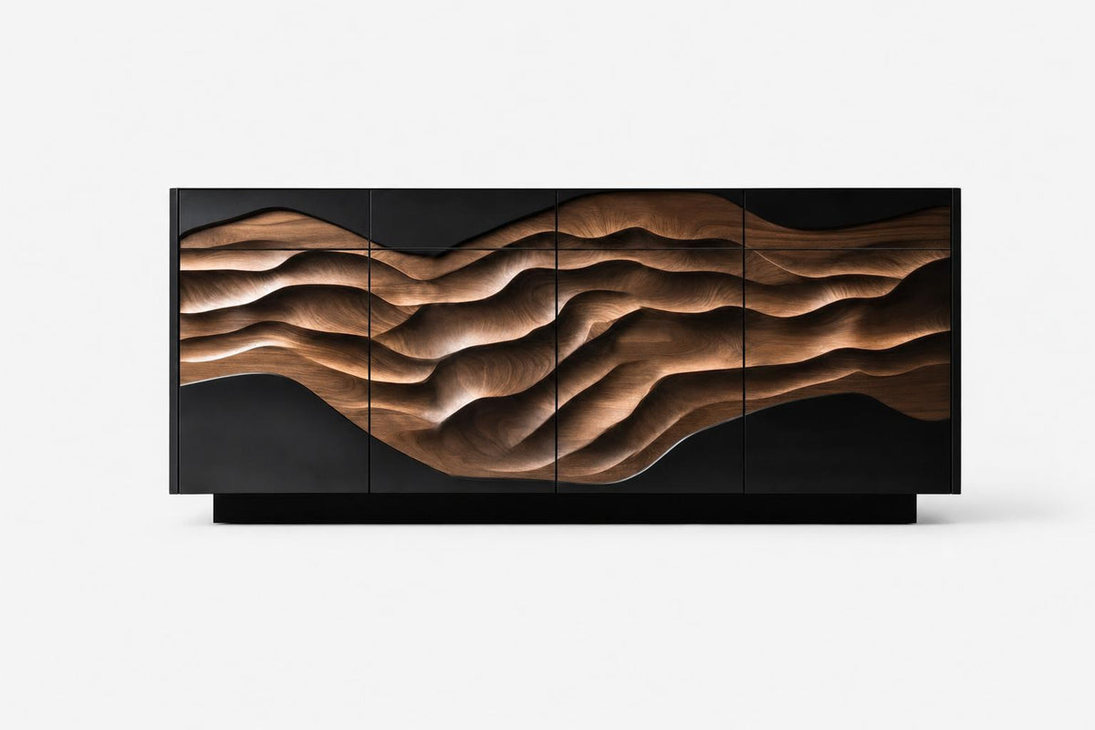 Dresden Collection | Angular Brass-Accented Walnut Corner Cabinet - showcasing full sculptural form and material finish in a Mid-Century Modern living room setting.