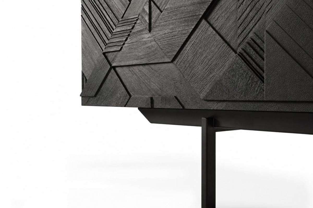 Dresden Collection | Asymmetric Brass-Accented Walnut Display Cabinet - showcasing full sculptural form and material finish in a Mid-Century Modern living room setting.
