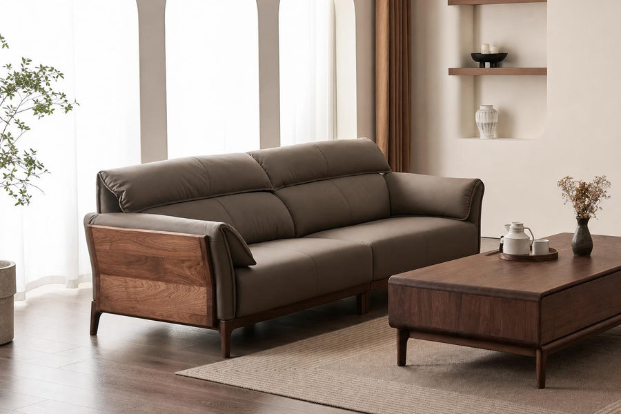 Belmont Collection | Geometric Brass-Accented Walnut Love Seat - showcasing full sculptural form and material finish in a Mid-Century Modern living room setting.