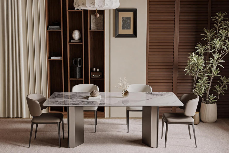 Ellington Collection | Minimalist Gold-Trimmed Nordic Dining Table - showcasing full sculptural form and material finish in a Mid-Century Modern dining room setting.