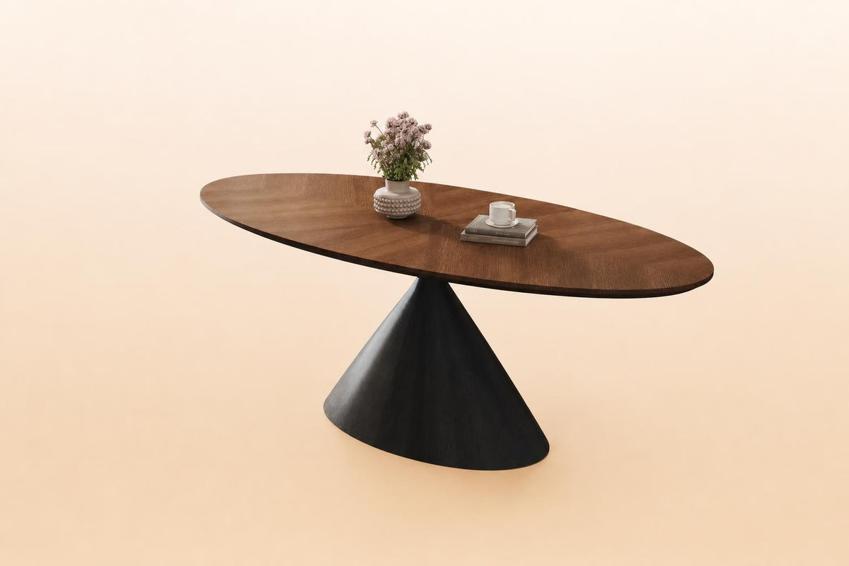 Ellington Collection | Tapered-Leg Round Walnut Extending Table - showcasing full sculptural form and material finish in a Mid-Century Modern living room setting.