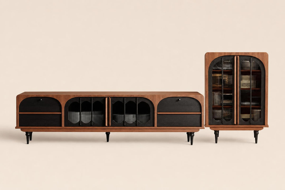 Meridian Collection | Low-Profile Glass-Topped Glass & Walnut Media Console - showcasing full sculptural form and material finish in a Mid-Century Modern entryway setting.