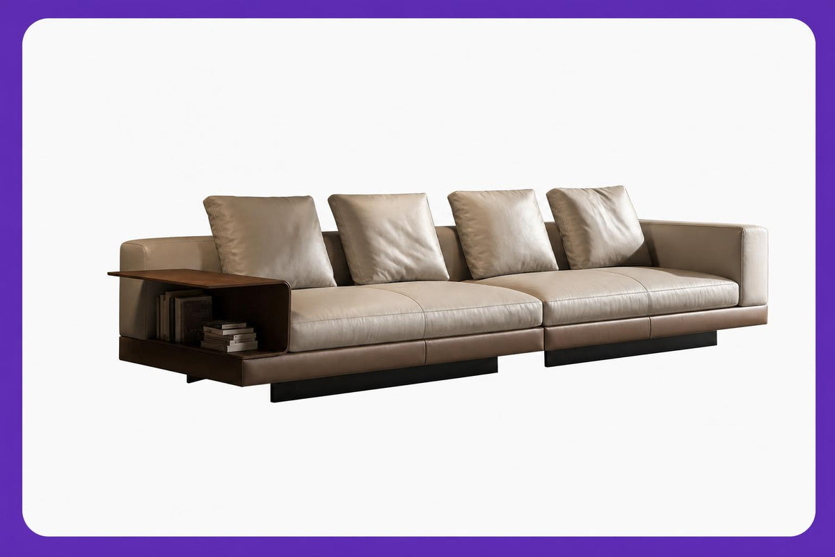 Ellington Collection | Tapered-Leg Gold-Trimmed Cognac Leather Recliner - showcasing full sculptural form and material finish in a Mid-Century Modern living room setting.