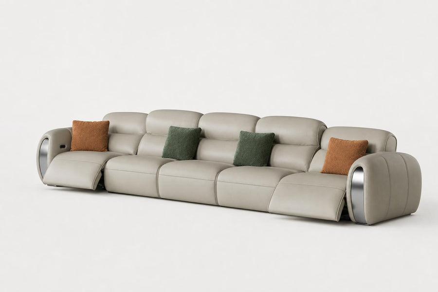 Belmont Collection | Floating Leather-Wrapped Scandinavian Leather Sectional - showcasing full sculptural form and material finish in a Mid-Century Modern living room setting.