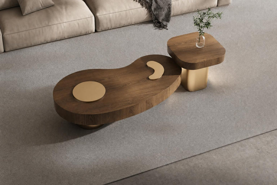 Ellington Collection | Sculptural Walnut Coffee Table - showcasing full sculptural form and material finish in a Mid-Century Modern living room setting.