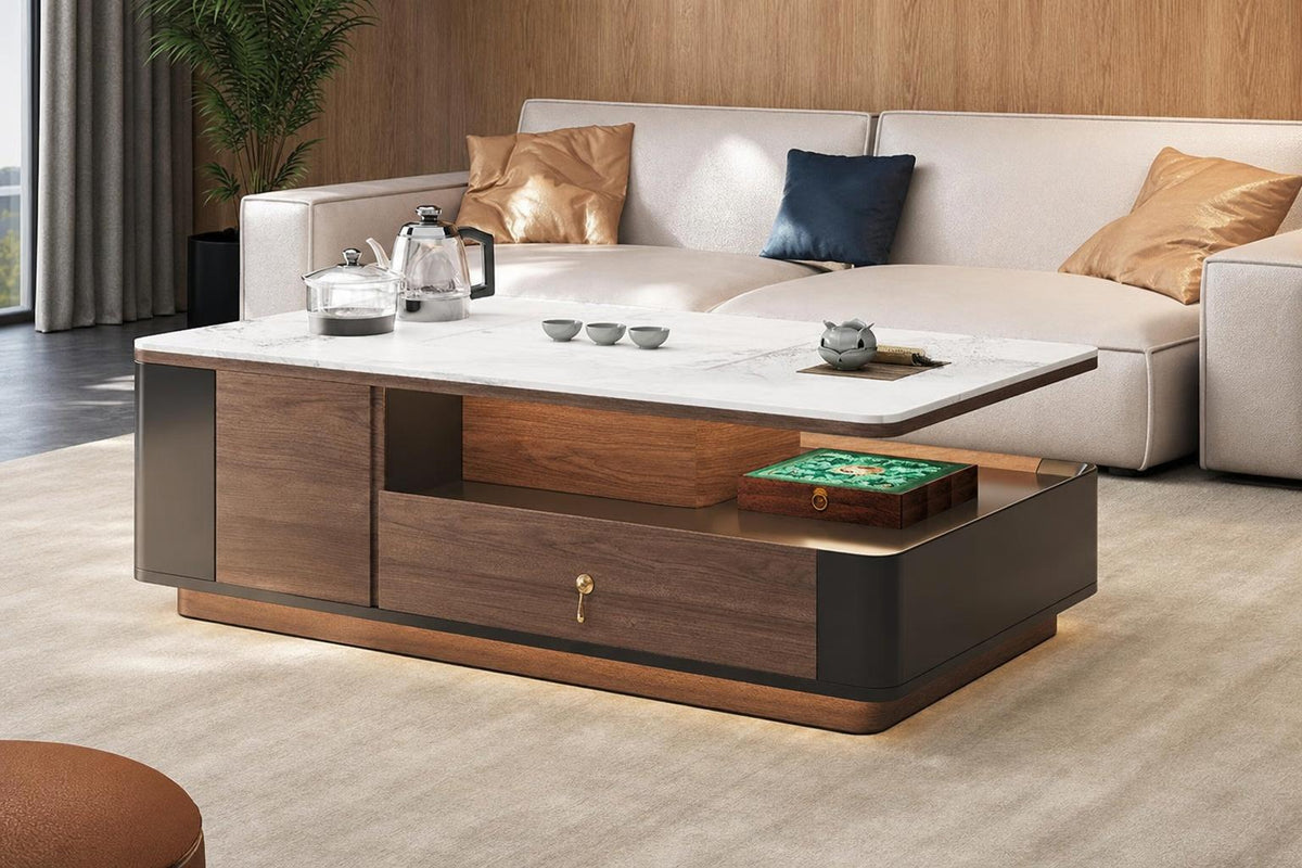 Belmont Collection | Sculptural Atomic-Era Solid Walnut Rock Slab - showcasing full sculptural form and material finish in a Mid-Century Modern living room setting.