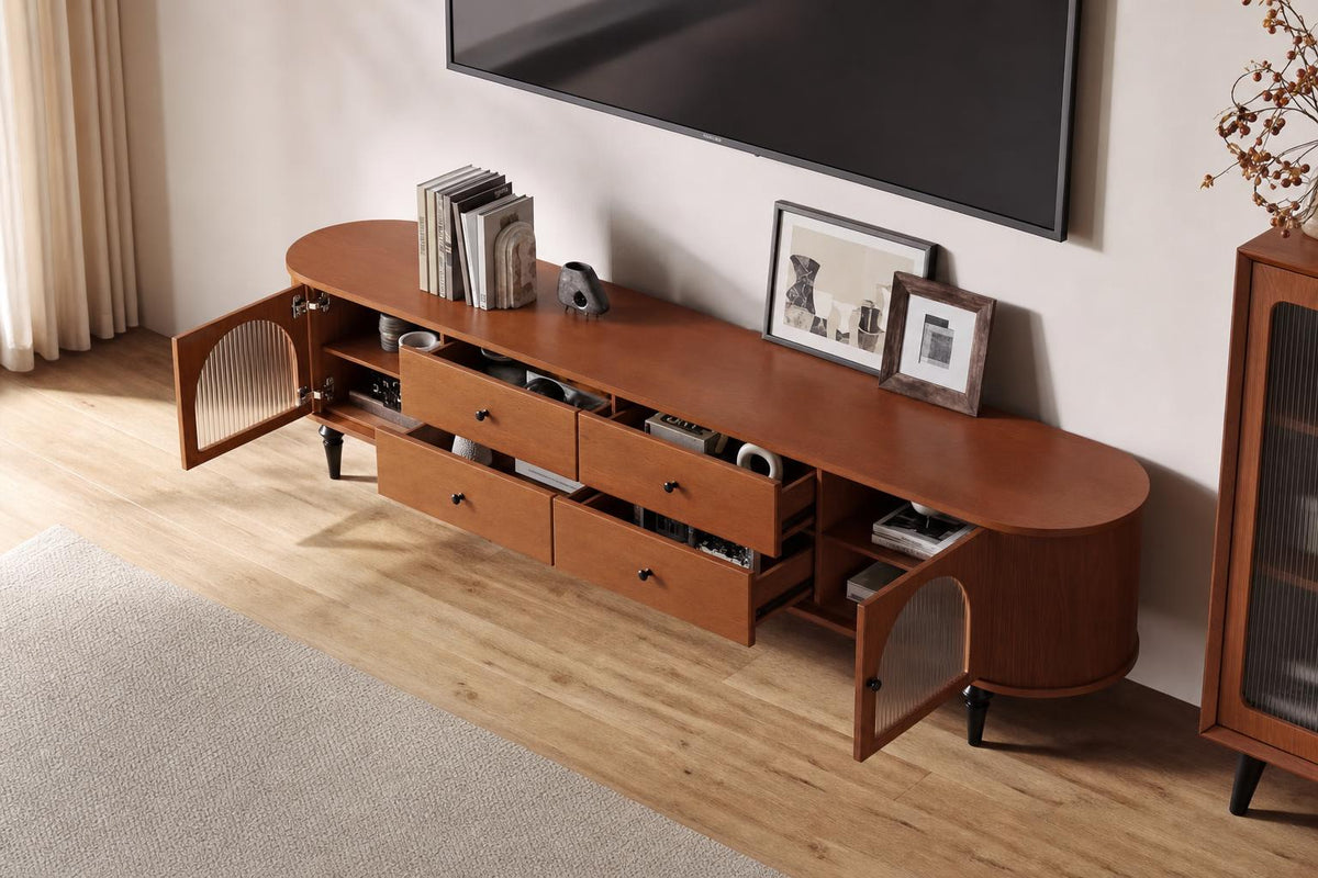 Dresden Collection | Tapered-Leg Atomic-Era Walnut Entertainment Console - showcasing full sculptural form and material finish in a Mid-Century Modern entryway setting.