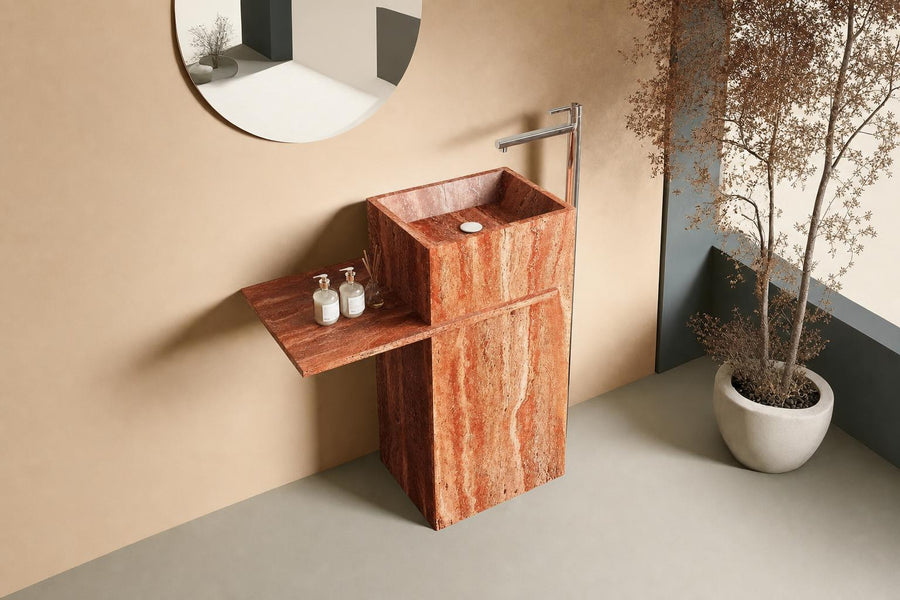 Dresden Collection | Cantilevered Stone-Top Red Travertine Vanity - showcasing full sculptural form and material finish in a Mid-Century Modern bathroom setting.