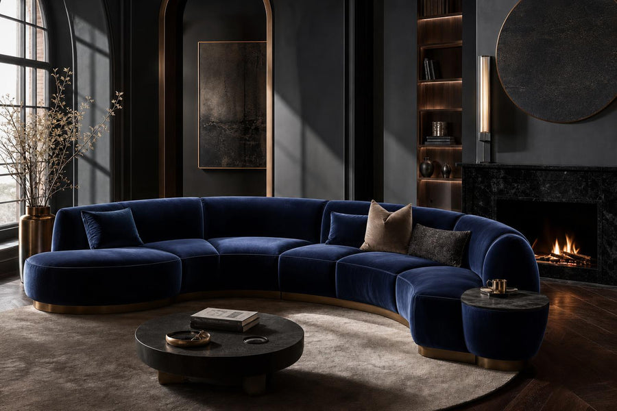 Belmont Collection | Sculptural Velvet-Cushioned Navy Velvet Sectional - showcasing full sculptural form and material finish in a Mid-Century Modern living room setting.