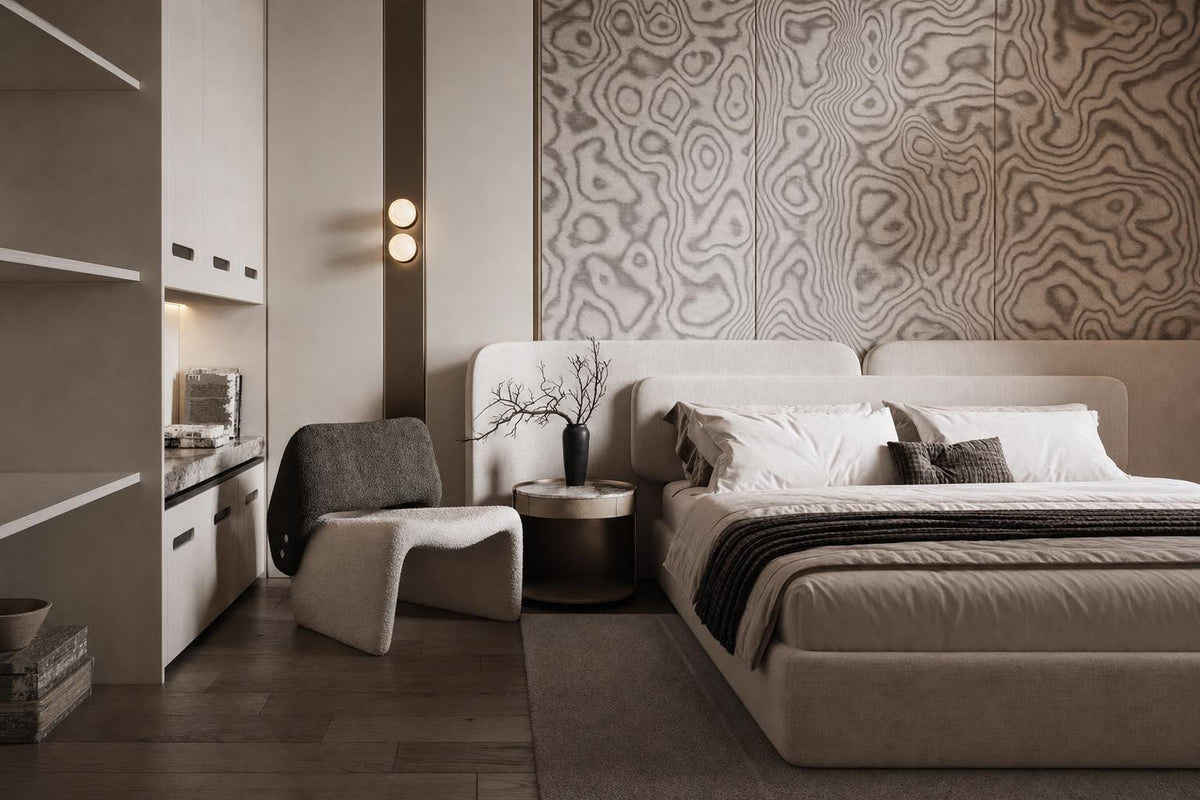 Ellington Collection | Tapered-Leg Atomic-Era Walnut Platform Bed - showcasing full sculptural form and material finish in a Mid-Century Modern bedroom setting.
