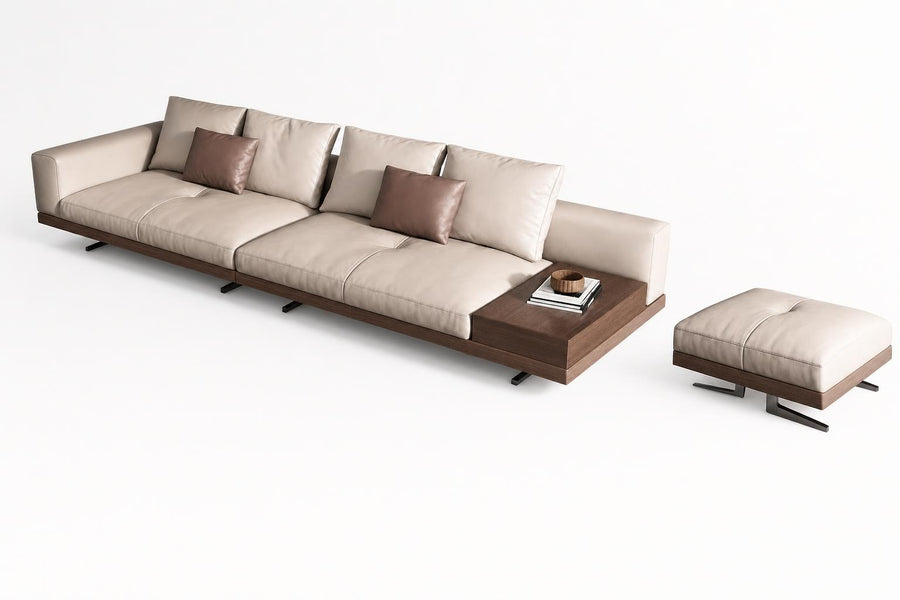 Belmont Collection | Tapered-Leg Brass-Accented Walnut Recliner Sofa - showcasing full sculptural form and material finish in a Mid-Century Modern living room setting.