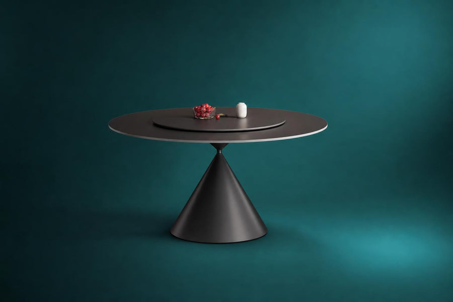Ellington Collection | Hairpin-Legged Round Walnut Dining Table - showcasing full sculptural form and material finish in a Mid-Century Modern dining room setting.