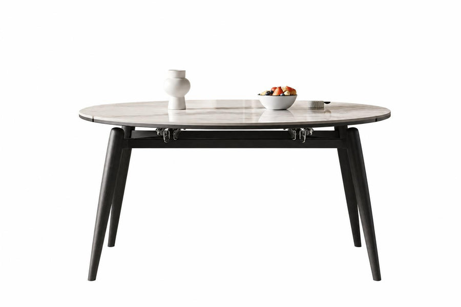 Astoria Collection | Tapered-Leg Nordic Walnut Extension Table - showcasing full sculptural form and material finish in a Mid-Century Modern living room setting.