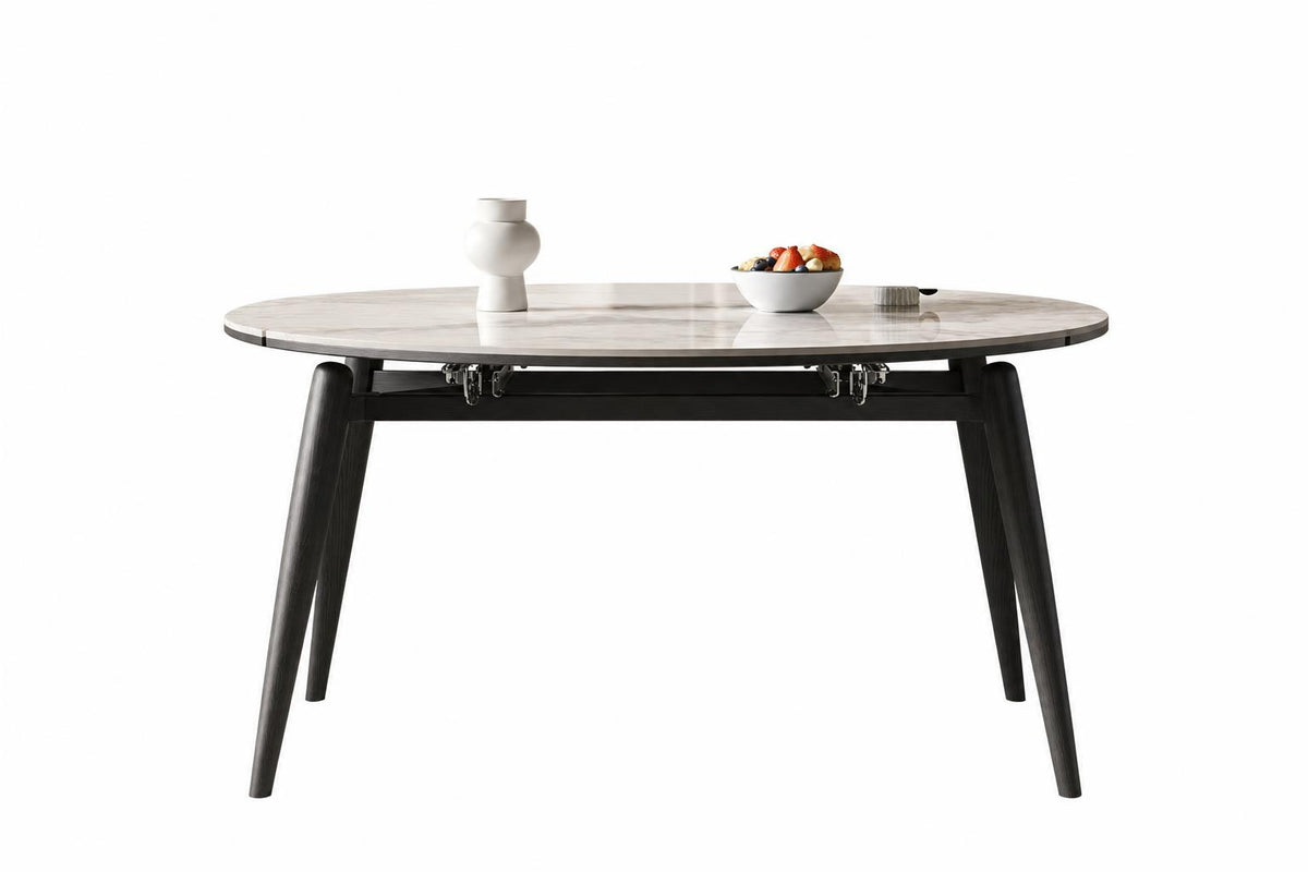 Astoria Collection | Tapered-Leg Nordic Walnut Extension Table - showcasing full sculptural form and material finish in a Mid-Century Modern living room setting.