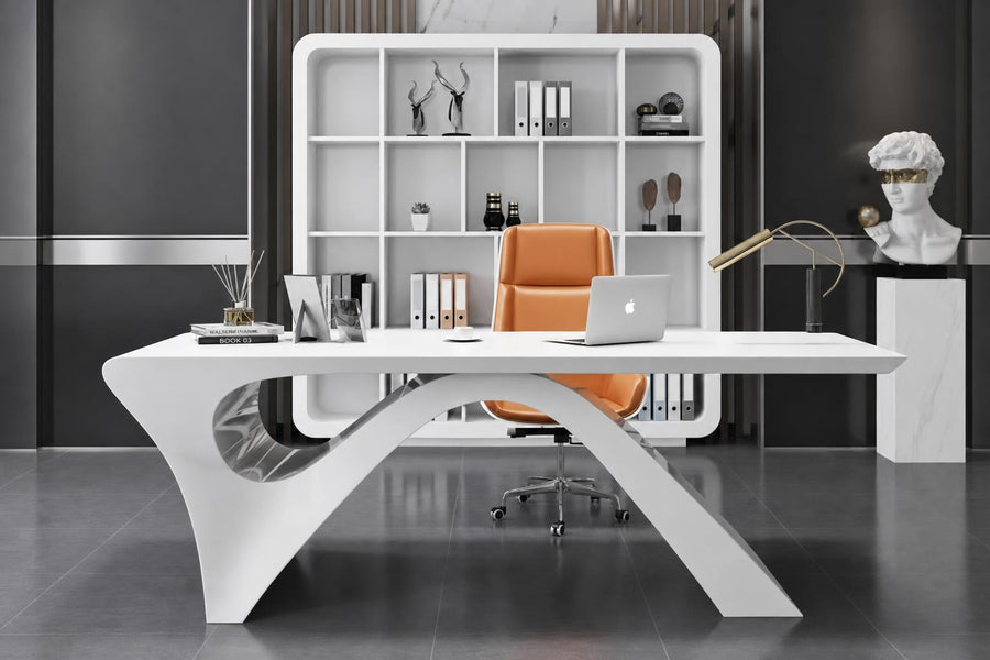 Belmont Collection | Tapered-Leg Brass-Accented White Lacquer Office Desk - showcasing full sculptural form and material finish in a Mid-Century Modern home office setting.
