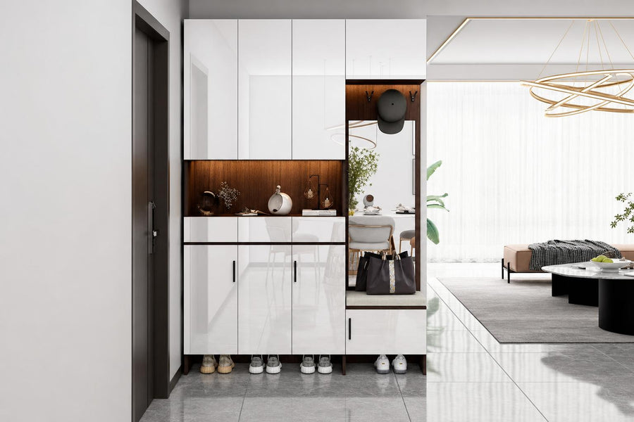 Dresden Collection | Geometric Brass-Accented Walnut Cabinet - showcasing full sculptural form and material finish in a Mid-Century Modern living room setting.