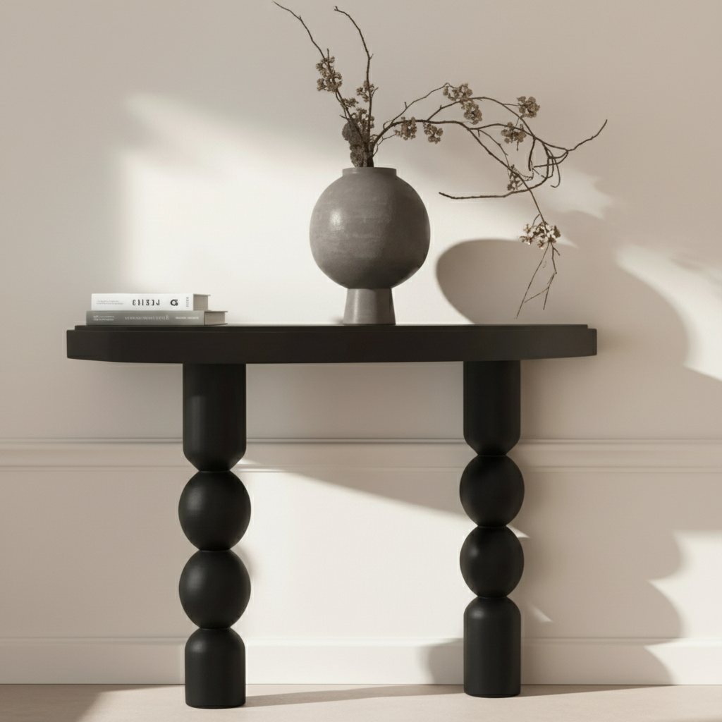 Fontaine Collection | Hairpin-Legged Display Walnut Console - detail view 12 revealing design nuance in a Mid-Century Modern entryway setting.