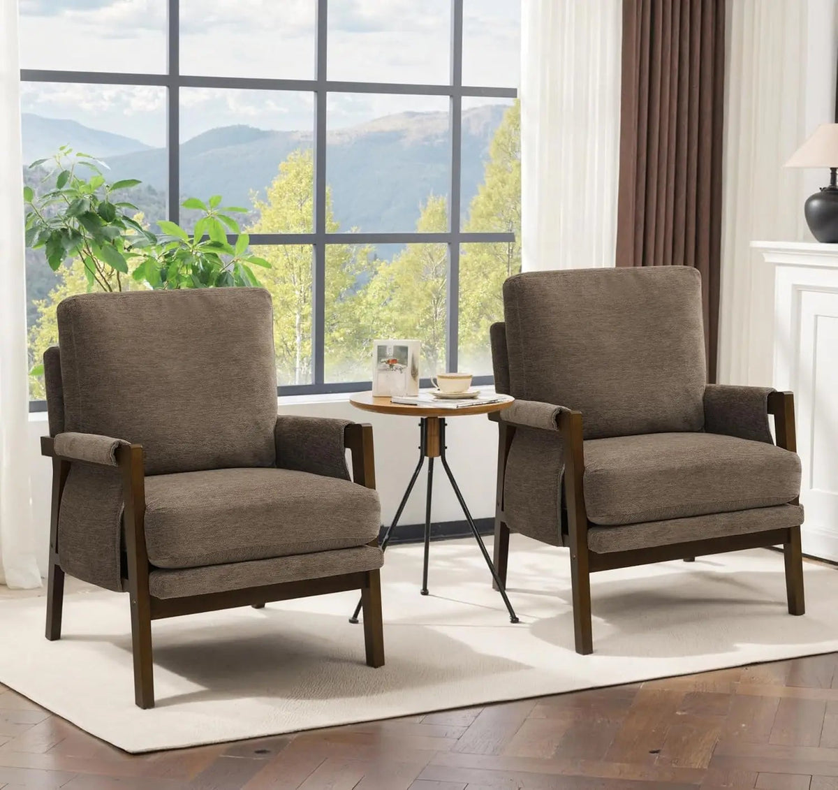 Ellington Collection | Tapered-Leg Brass-Accented Walnut & Brass Accent Chair - detail view 16 revealing design nuance in a Mid-Century Modern living room setting.