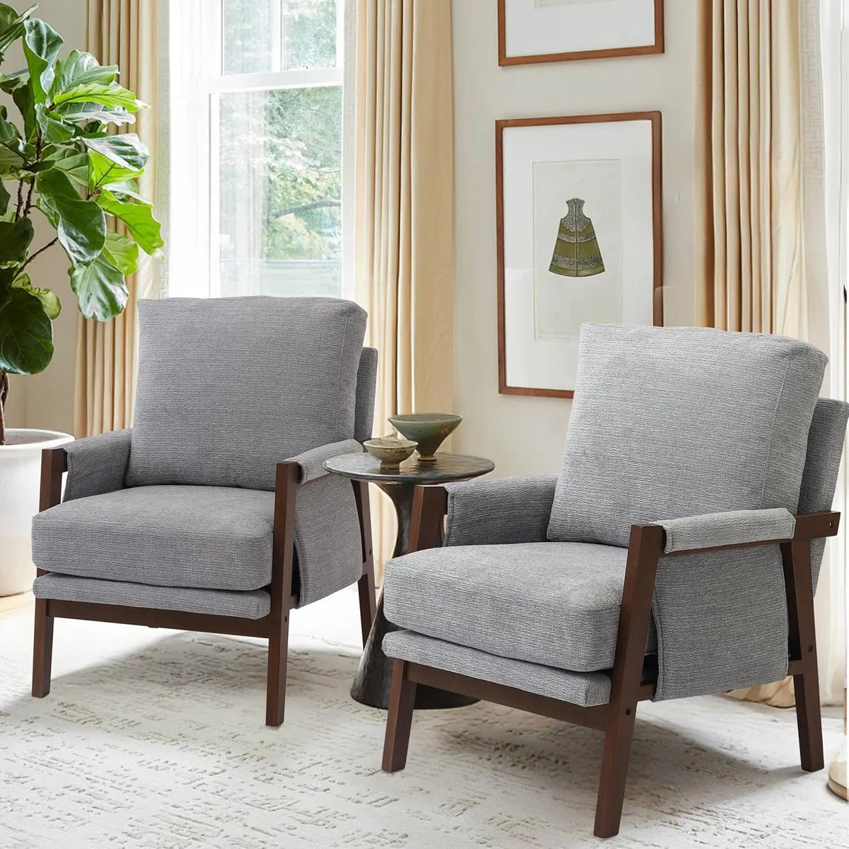 Ellington Collection | Tapered-Leg Brass-Accented Walnut & Brass Accent Chair - demonstrating proportional harmony within the collection in a Mid-Century Modern living room setting.